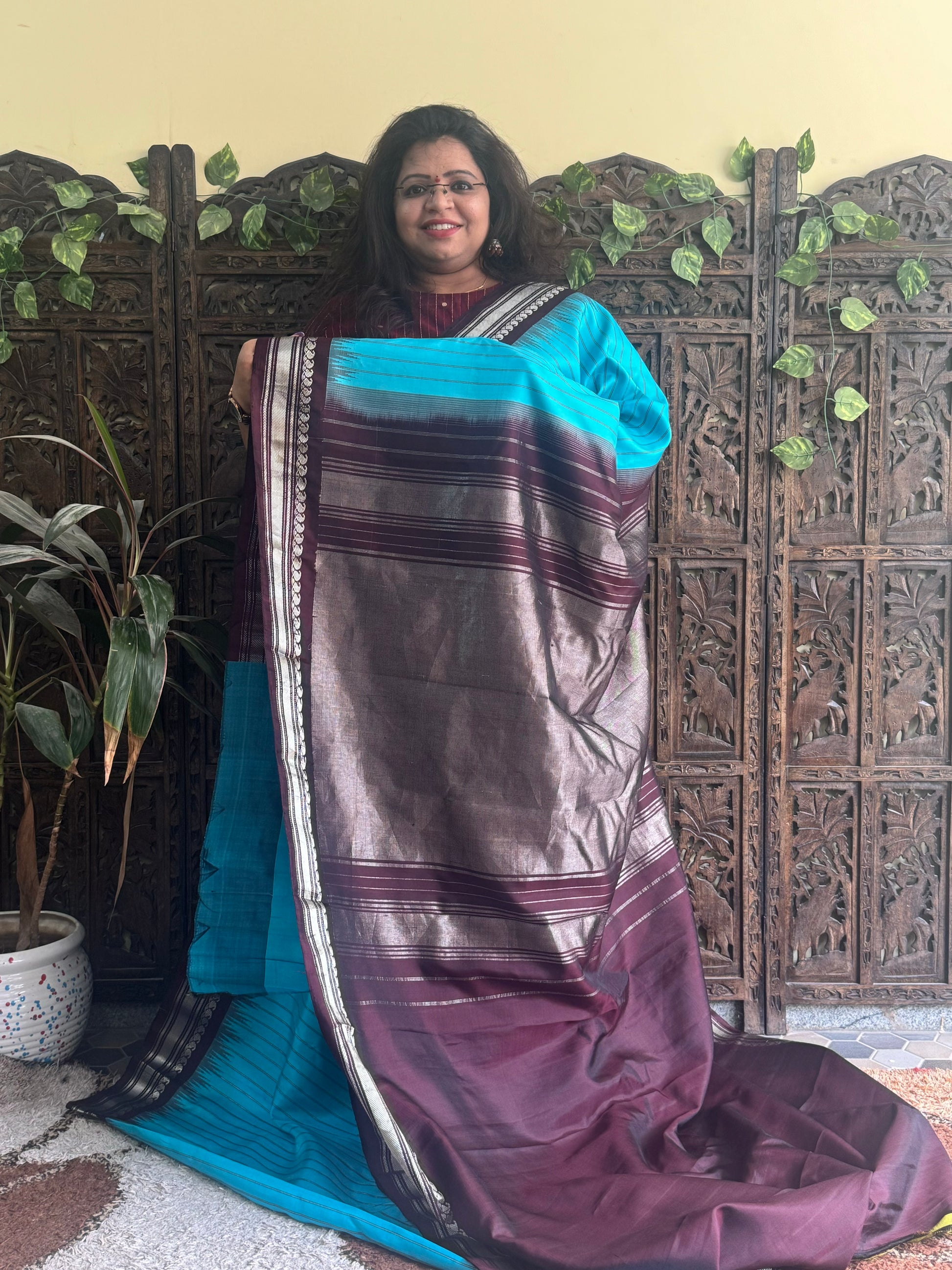 Gadwal Silk Saree Sky Blue Colored Complemented With a Brown Zari Border - Sampradaya Designer Studio