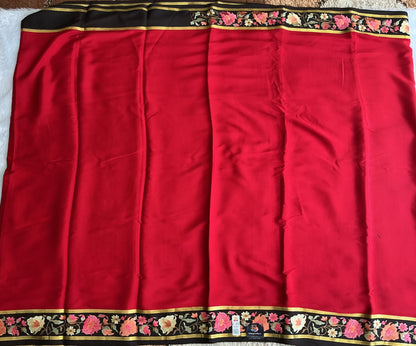 Maroon Mysore Crepe Silk Saree with Silver Zari Border | Pure Handloom | Silk Mark Certified