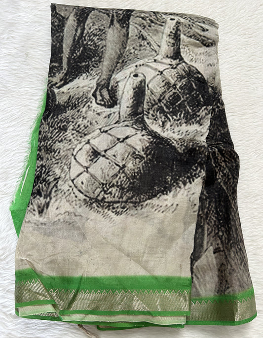 Mangalagiri Pattu Digital Print Saree Cream colored Saree complemented with a Green Colored Mangalagiri Border - Sampradaya Designer Studio