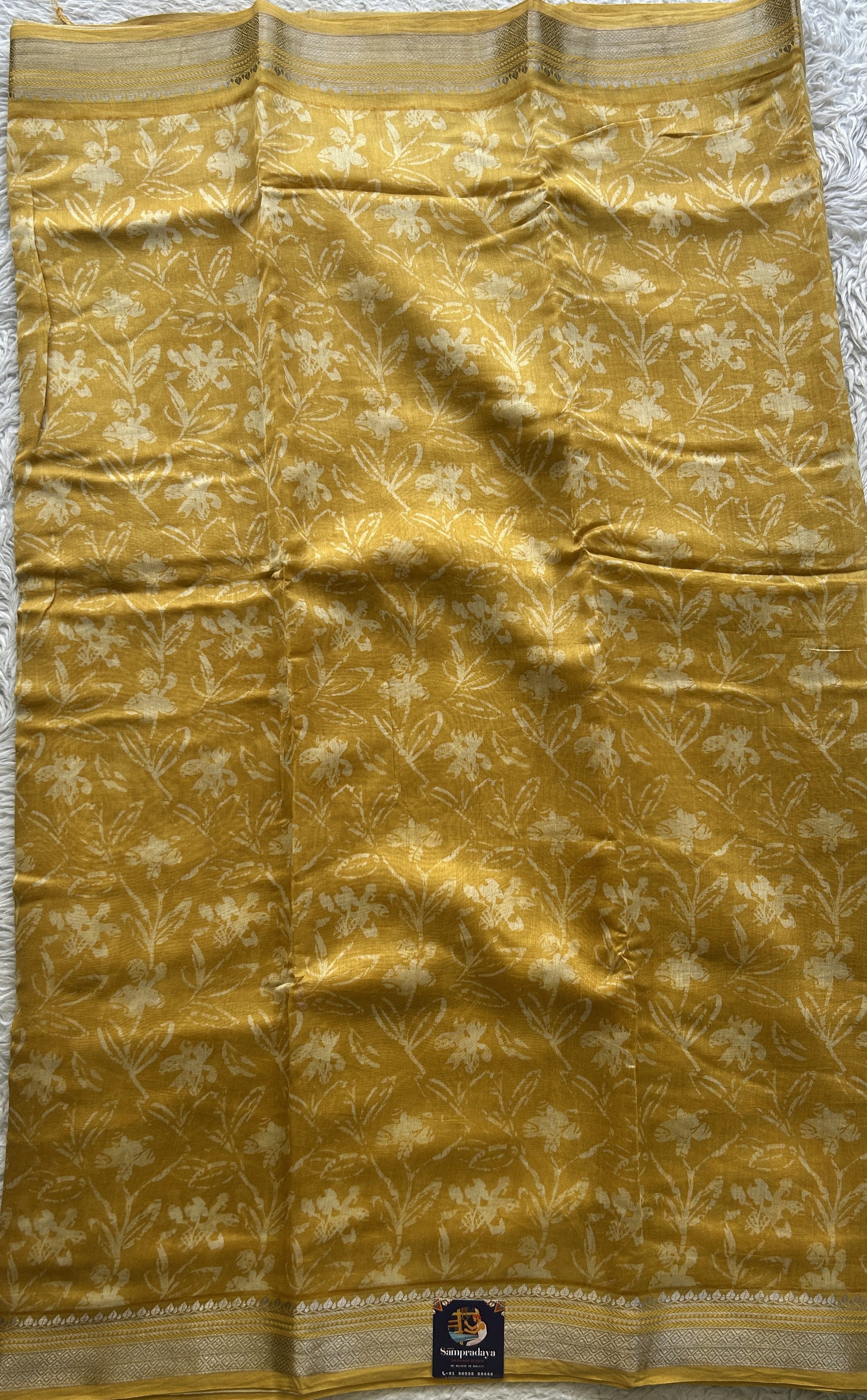 Maheshwari Chanderi Cotton Saree Yellow Colored Exquisite with a Zari Border. - Sampradaya Designer Studio