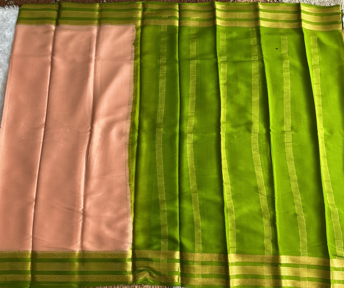 Peach Mysore Crepe Silk Saree with Silver Zari Border | Pure Handloom | Silk Mark Certified