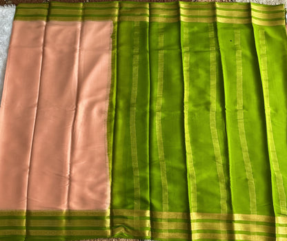 Peach Mysore Crepe Silk Saree with Silver Zari Border | Pure Handloom | Silk Mark Certified
