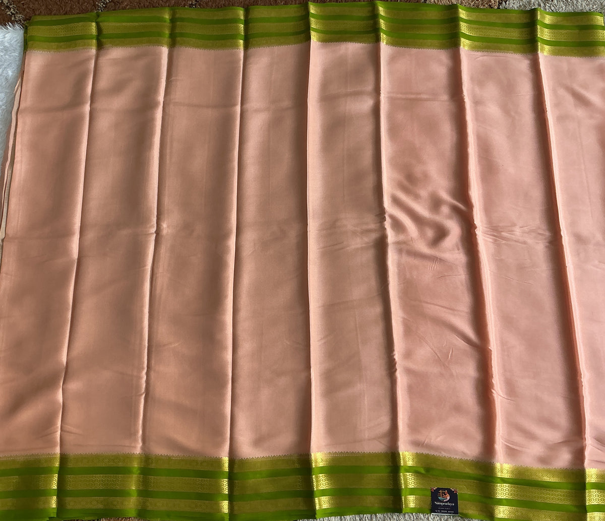 Peach Mysore Crepe Silk Saree with Silver Zari Border | Pure Handloom | Silk Mark Certified