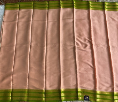 Peach Mysore Crepe Silk Saree with Silver Zari Border | Pure Handloom | Silk Mark Certified