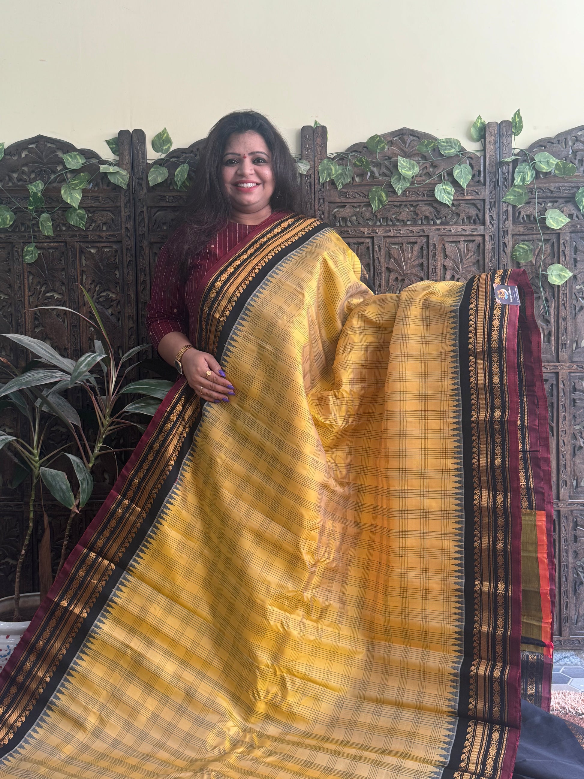 Gadwal Silk Saree Sand Colored Complemented With a Black Zari Border - Sampradaya Designer Studio