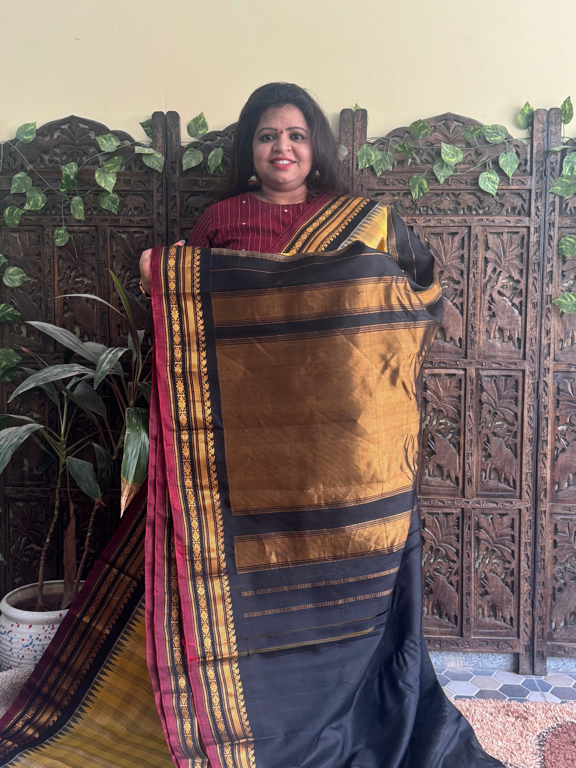 Gadwal Silk Saree Sand Colored Complemented With a Black Zari Border - Sampradaya Designer Studio