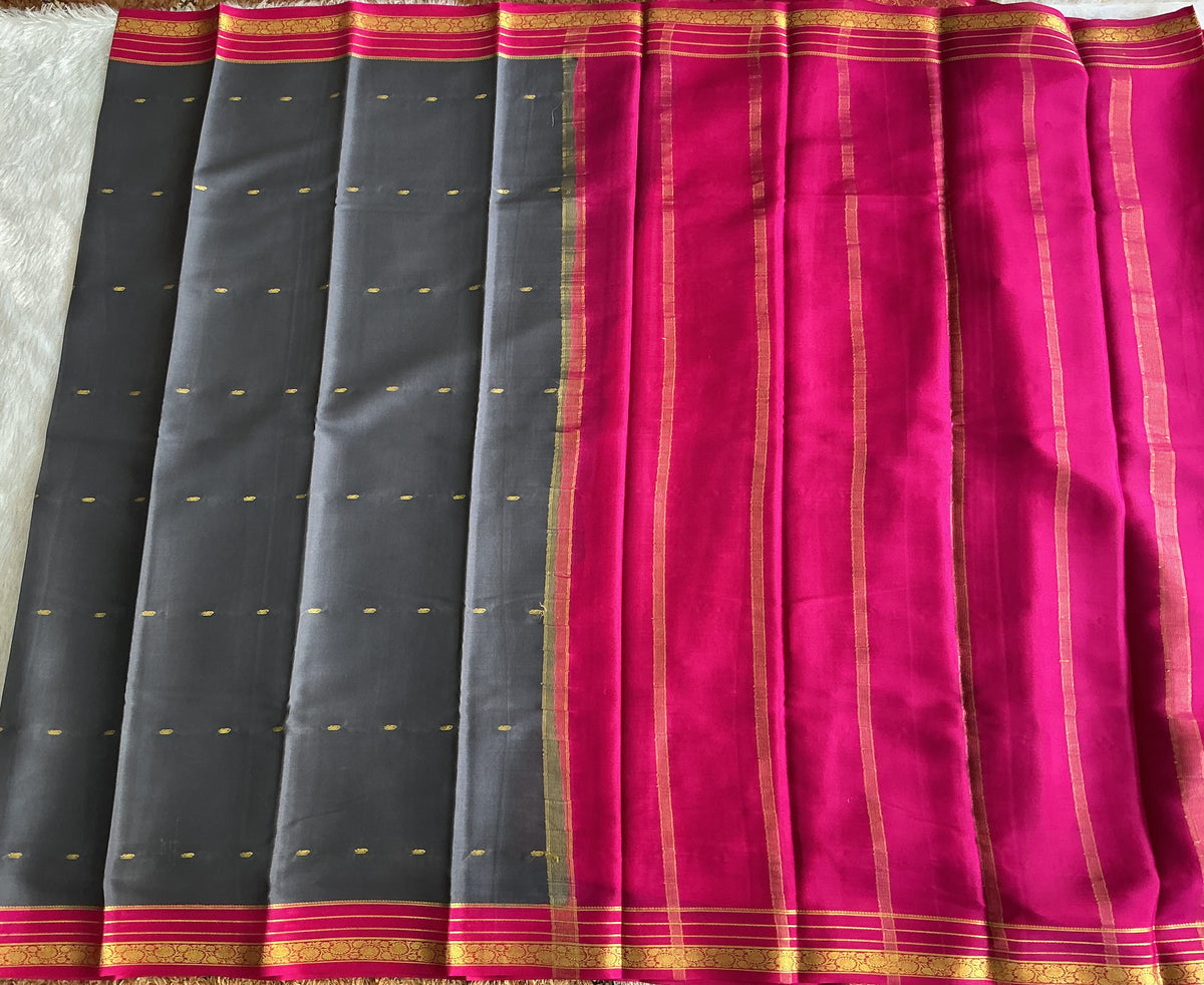 Gray Mysore Crepe Silk Saree with Silver Zari Border | Pure Handloom | Silk Mark Certified