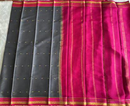 Gray Mysore Crepe Silk Saree with Silver Zari Border | Pure Handloom | Silk Mark Certified