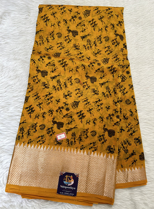 Mangalagiri Pattu Digital Print Saree Yellow colored Saree complemented with a  Mangalagiri Border - Sampradaya Designer Studio
