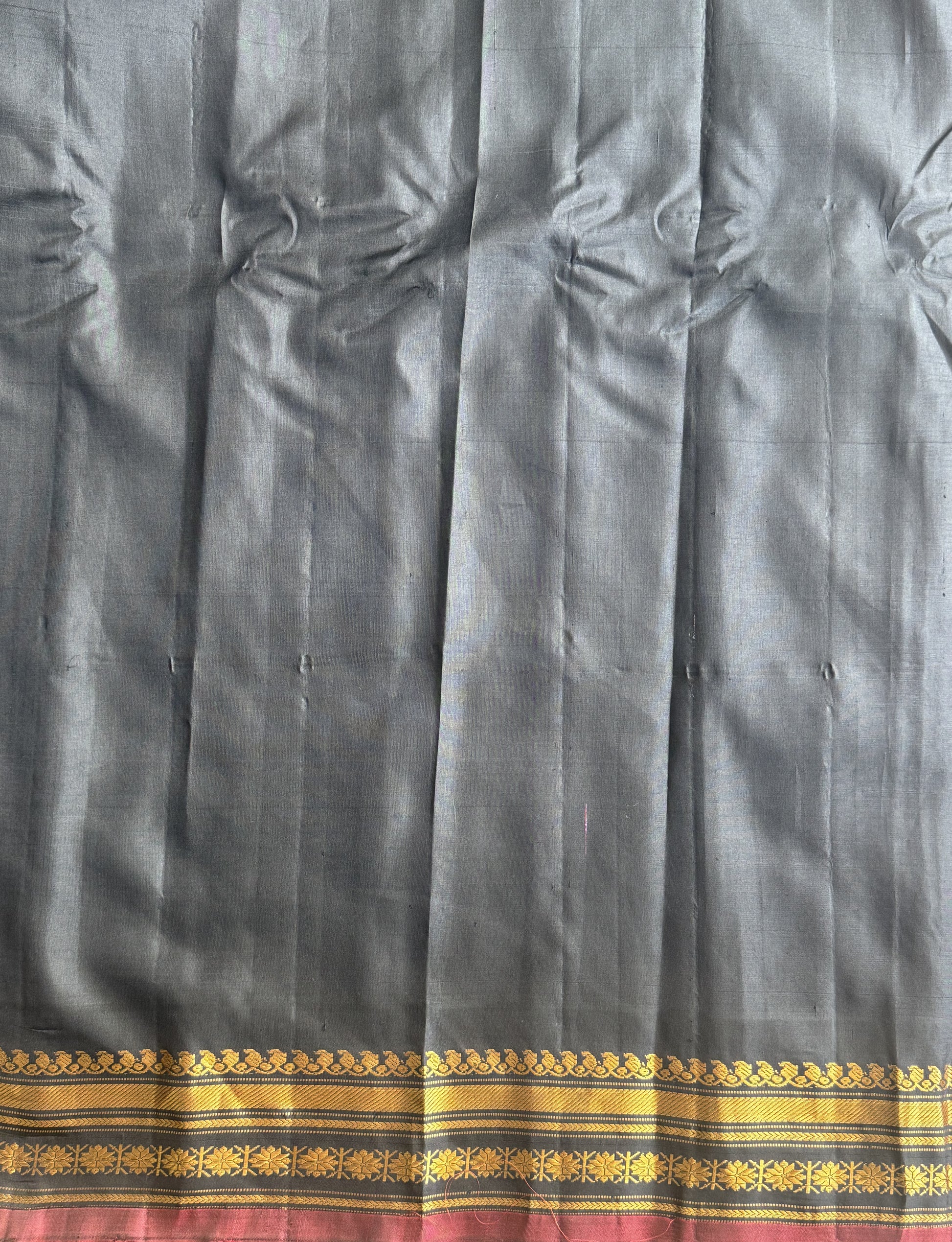 Gadwal Silk Saree Sand Colored Complemented With a Black Zari Border - Sampradaya Designer Studio