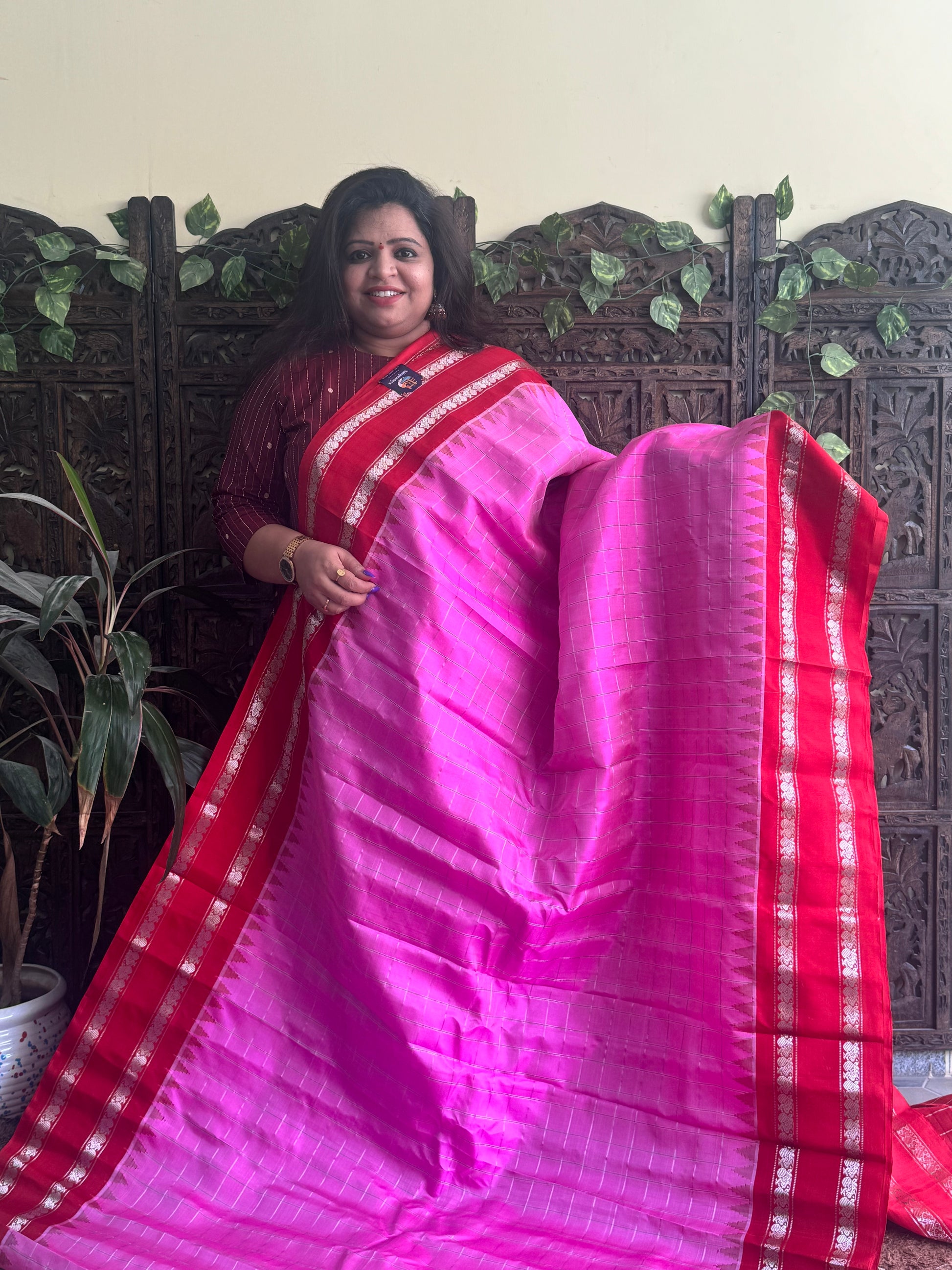 Gadwal Silk Saree Pink Colored Complemented With a Red Zari Border - Sampradaya Designer Studio