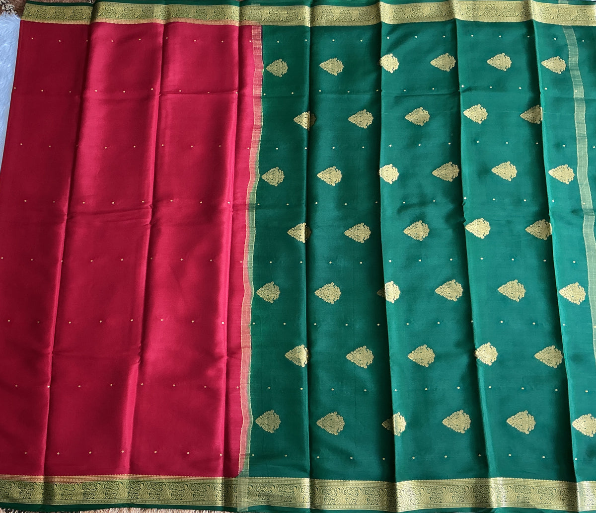 Red Mysore Crepe Silk Saree with Silver Zari Border | Pure Handloom | Silk Mark Certified