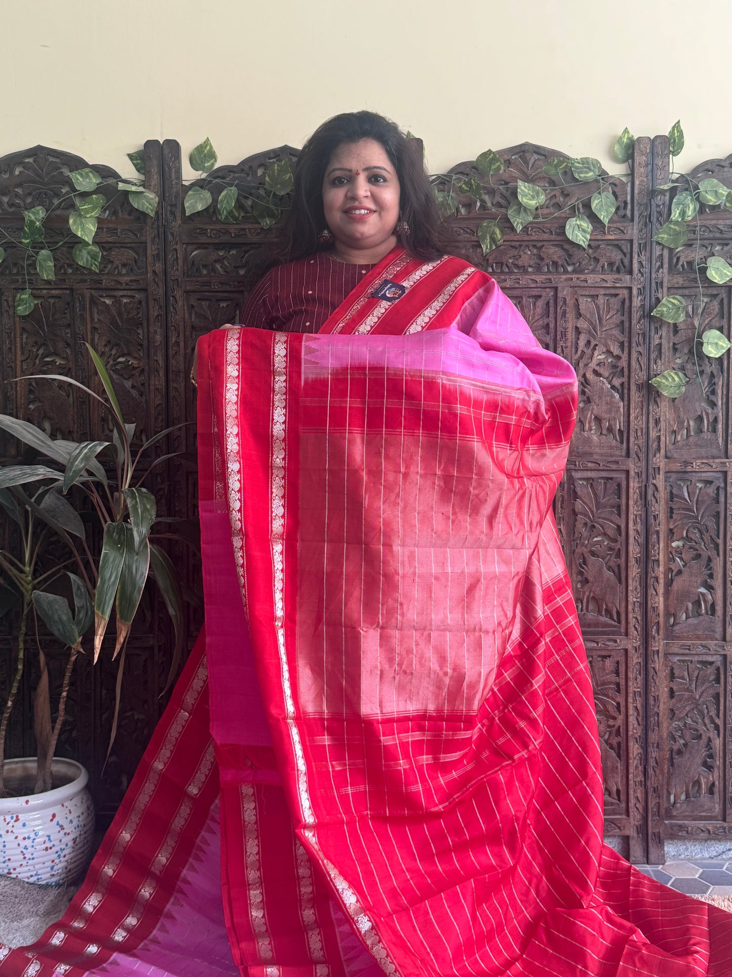 Gadwal Silk Saree Pink Colored Complemented With a Red Zari Border - Sampradaya Designer Studio