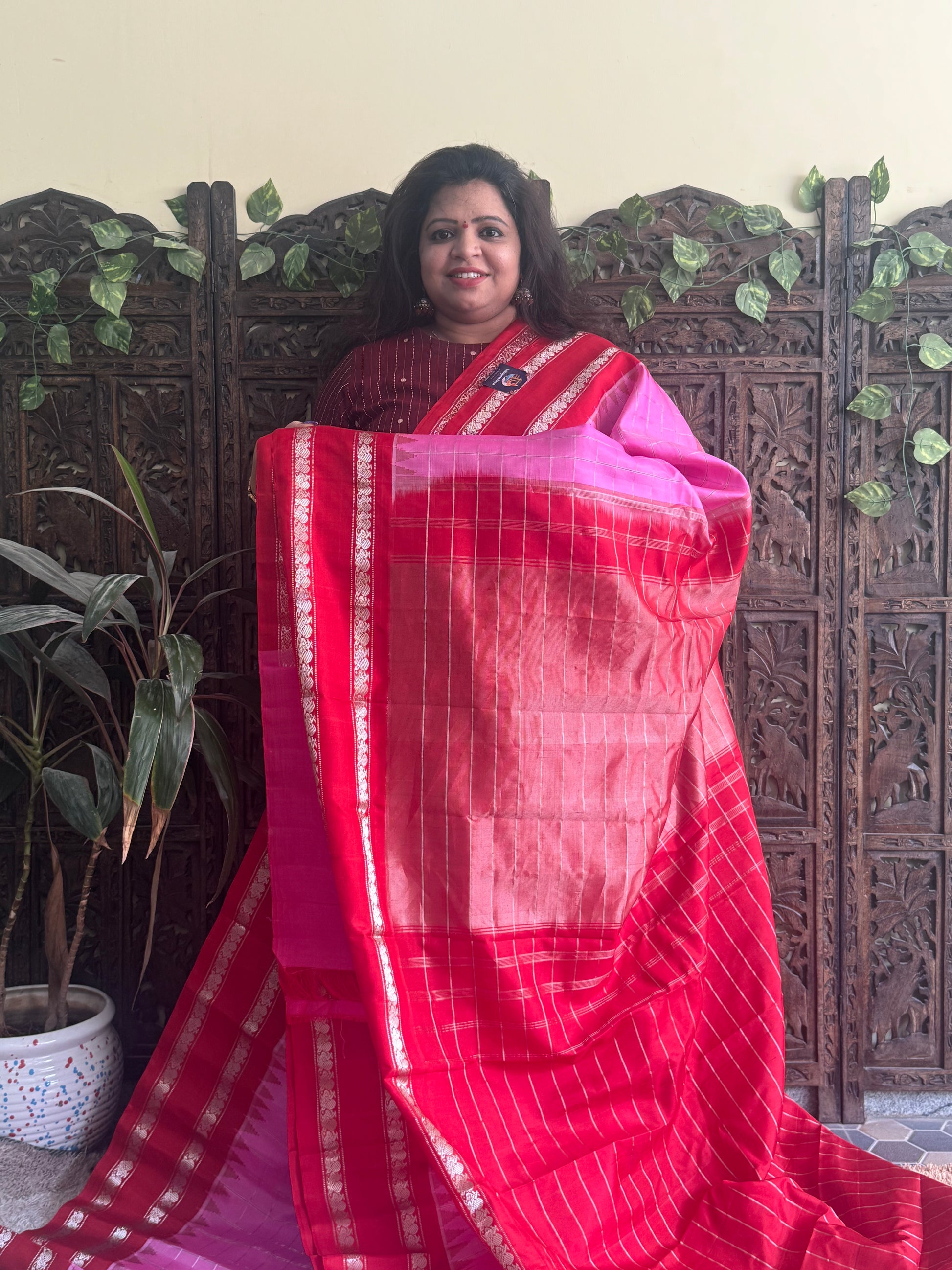 Gadwal Silk Saree Pink Colored Complemented With a Red Zari Border - Sampradaya Designer Studio