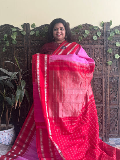 Gadwal Silk Saree Pink Colored Complemented With a Red Zari Border - Sampradaya Designer Studio