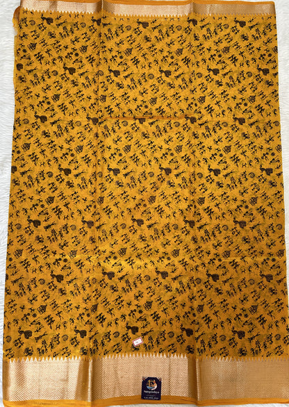 Mangalagiri Pattu Digital Print Saree Yellow colored Saree complemented with a  Mangalagiri Border - Sampradaya Designer Studio