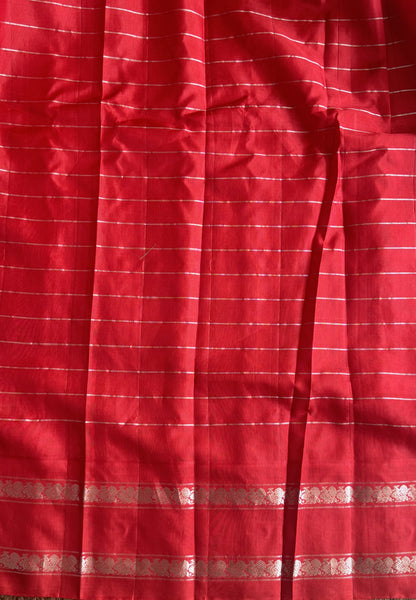 Gadwal Silk Saree Pink Colored Complemented With a Red Zari Border - Sampradaya Designer Studio