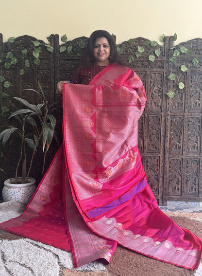 Gadwal Silk Saree Dark Pink Colored Complemented With a Turning Zari Border - Sampradaya Designer Studio
