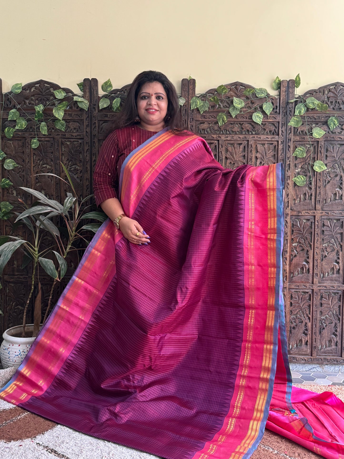 Gadwal Silk Saree Grape Colored Complemented With a Pink Zari Gap Border - Sampradaya Designer Studio