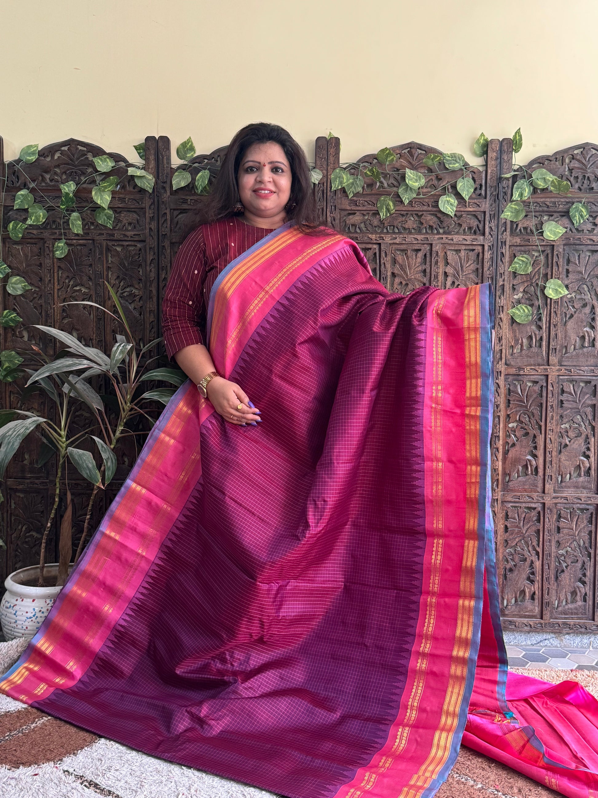 Gadwal Silk Saree Grape Colored Complemented With a Pink Zari Gap Border - Sampradaya Designer Studio
