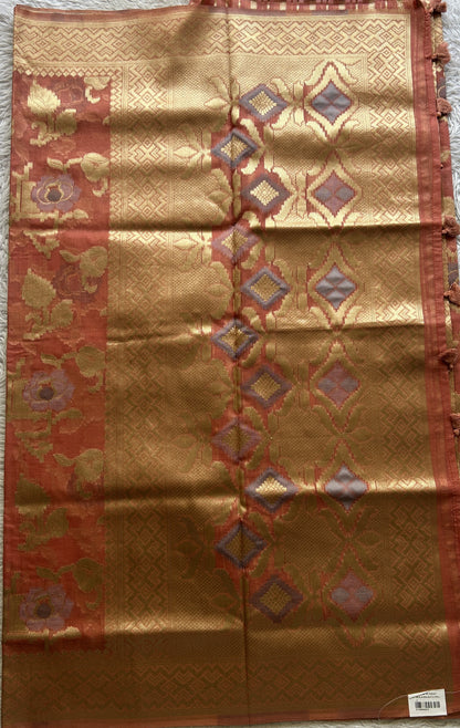 Semi Raw Silk Tissue Saree Dark Peach Colored Elegantly Paired with a Zari Border. - Sampradaya Designer Studio