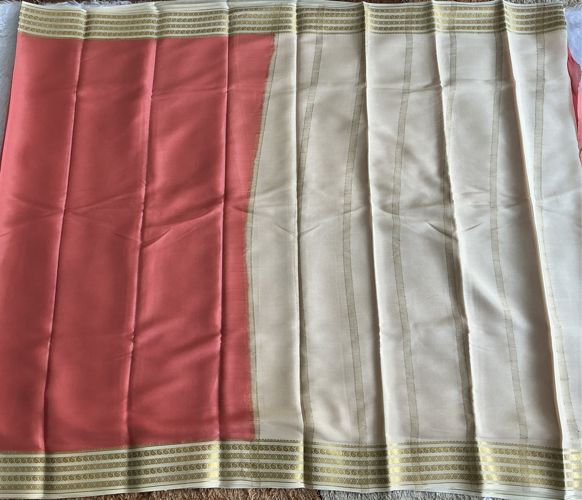 Peach Mysore Crepe Silk Saree with Silver Zari Border | Pure Handloom | Silk Mark Certified