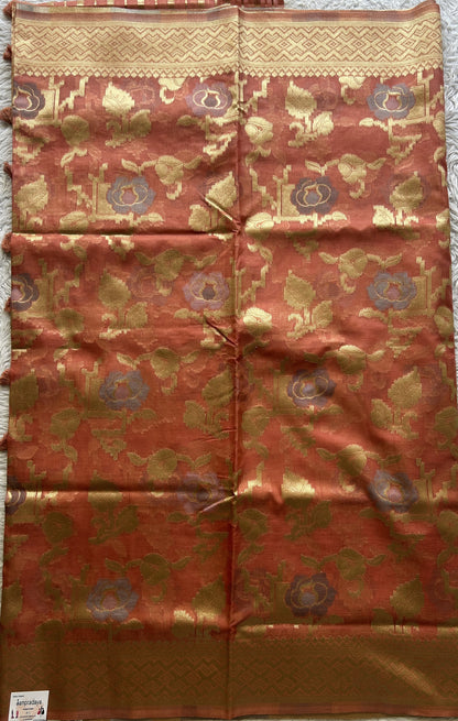 Semi Raw Silk Tissue Saree Dark Peach Colored Elegantly Paired with a Zari Border. - Sampradaya Designer Studio