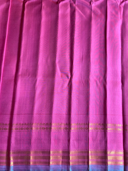Gadwal Silk Saree Grape Colored Complemented With a Pink Zari Gap Border - Sampradaya Designer Studio