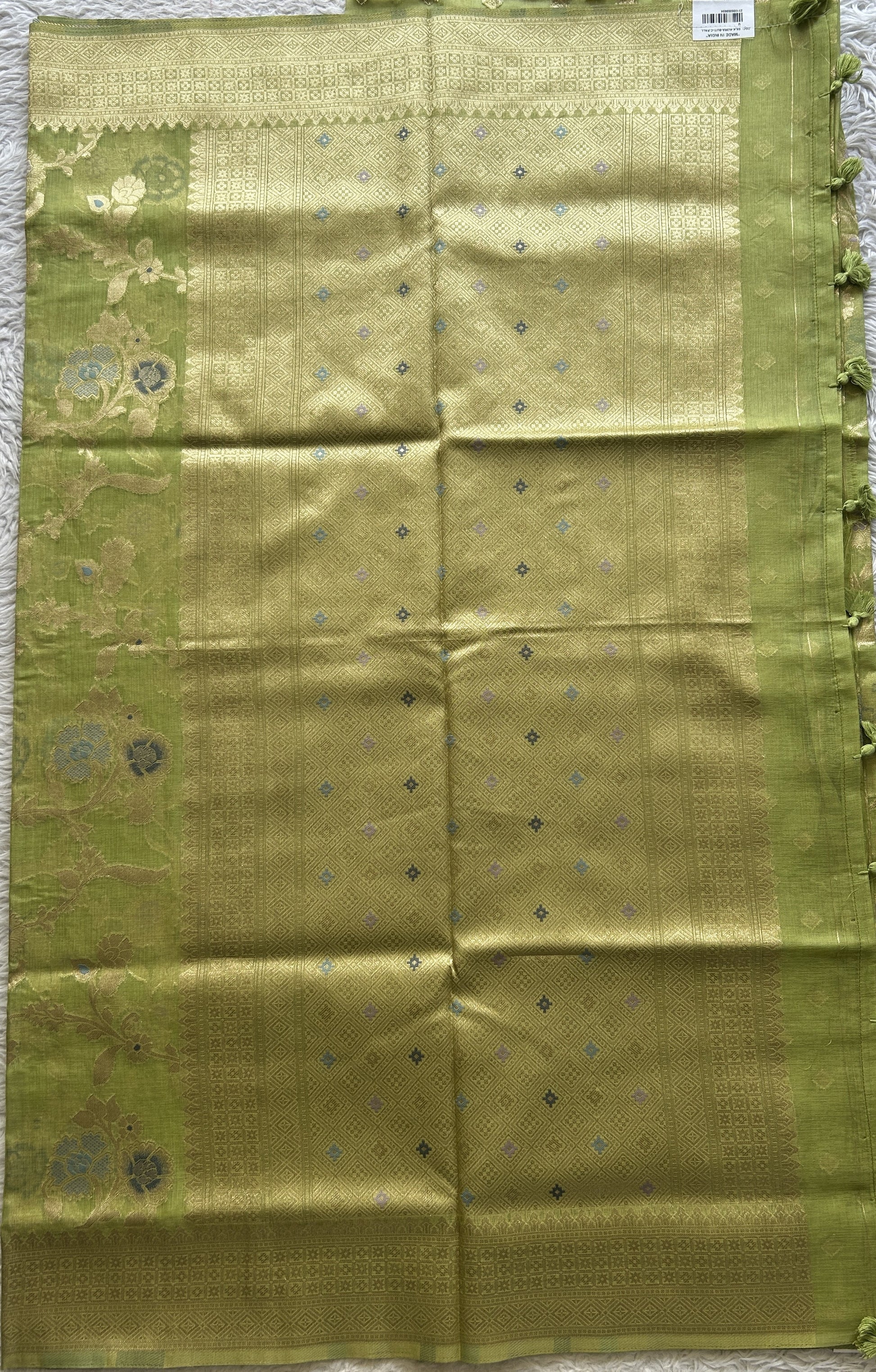 Semi Raw Silk Tissue Saree Light Green Colored Elegantly Paired with a Zari Border. - Sampradaya Designer Studio