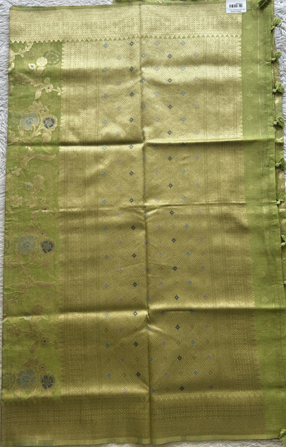 Semi Raw Silk Tissue Saree Light Green Colored Elegantly Paired with a Zari Border. - Sampradaya Designer Studio