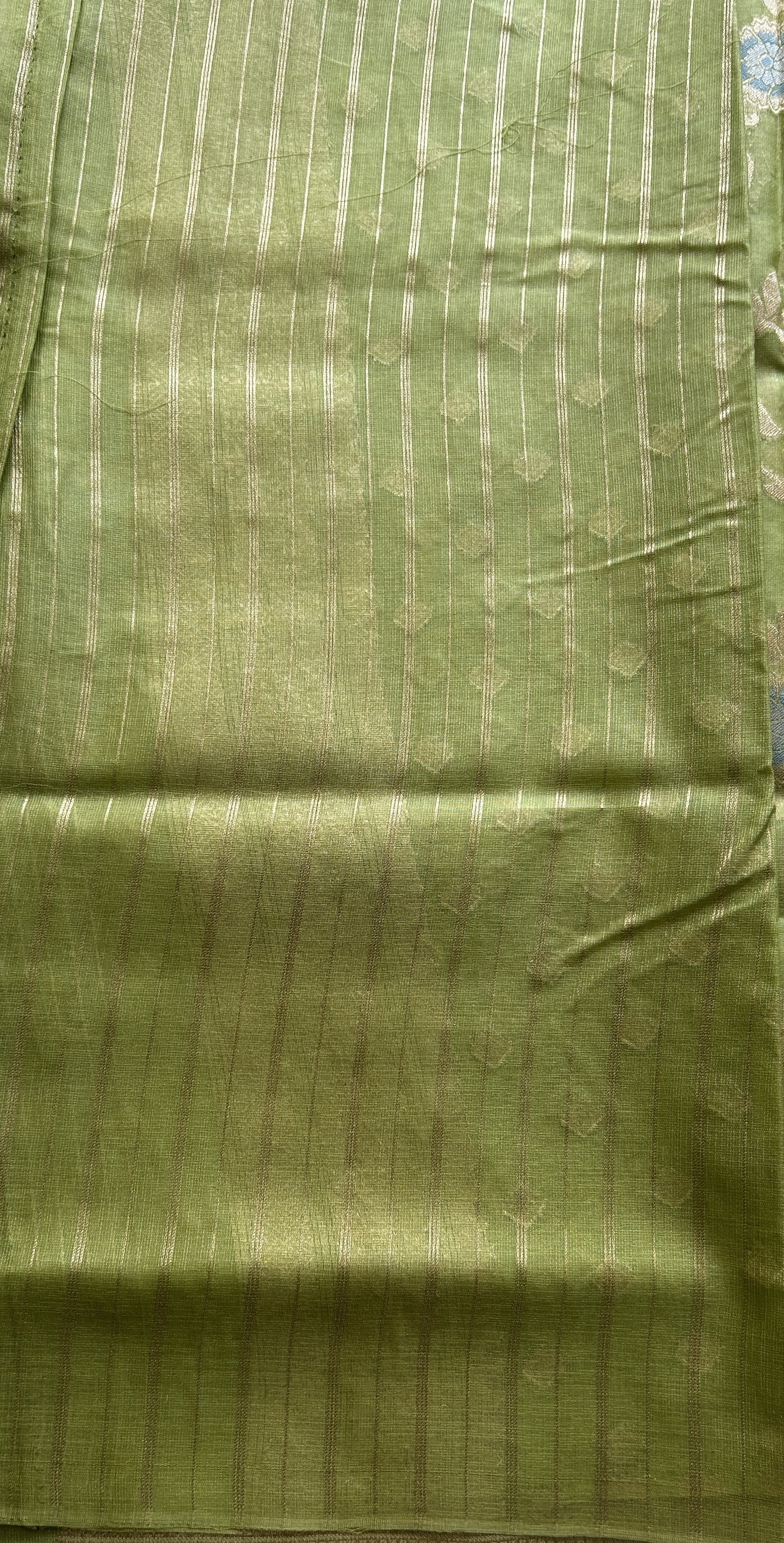 Semi Raw Silk Tissue Saree Light Green Colored Elegantly Paired with a Zari Border. - Sampradaya Designer Studio
