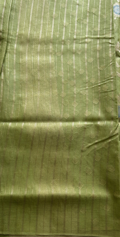 Semi Raw Silk Tissue Saree Light Green Colored Elegantly Paired with a Zari Border. - Sampradaya Designer Studio