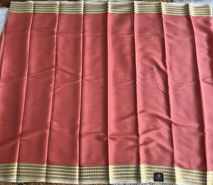 Peach Mysore Crepe Silk Saree with Silver Zari Border | Pure Handloom | Silk Mark Certified