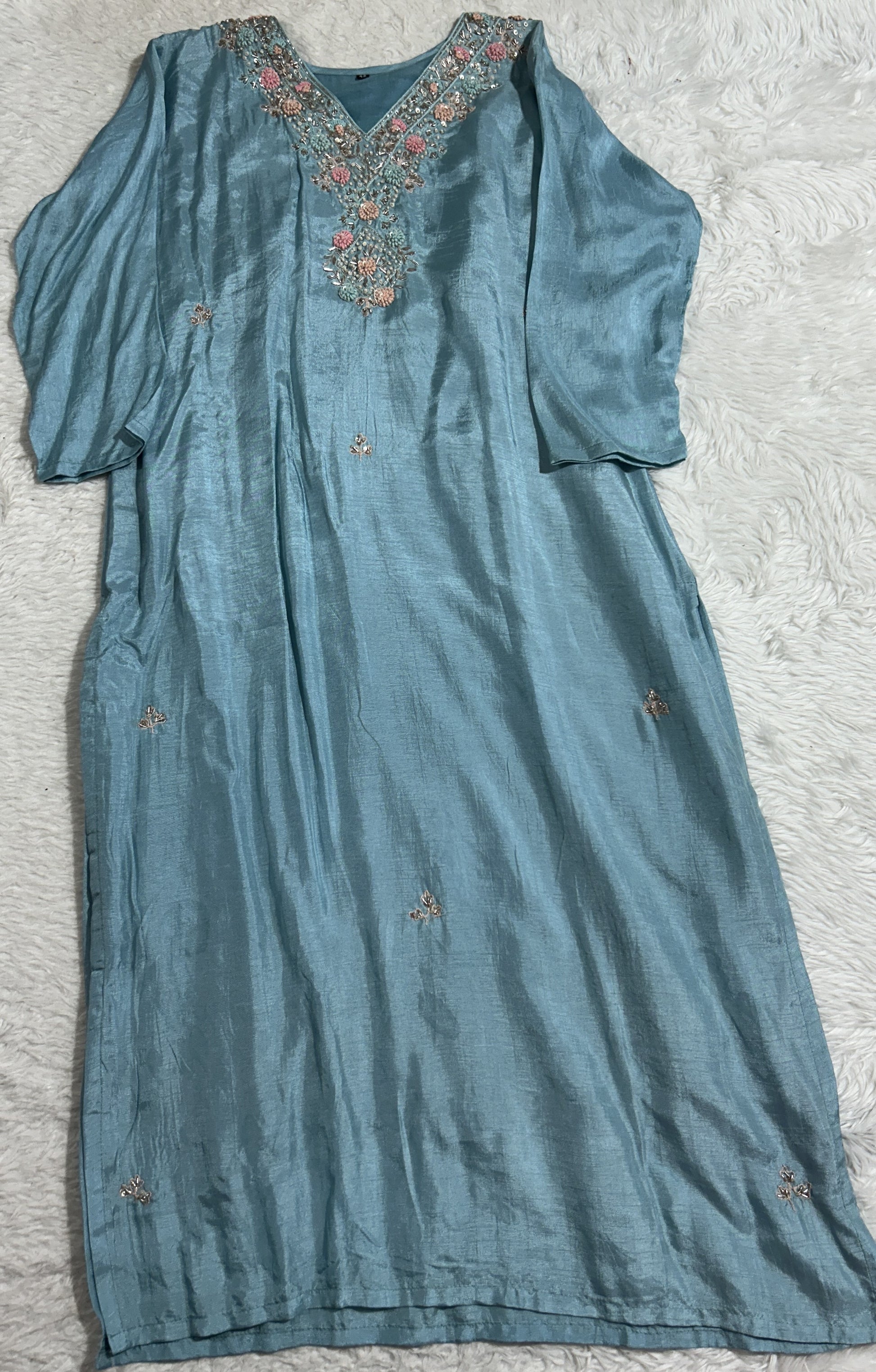 Cotton Silk Kurti Set Sky Blue Colored With a Embroidery Work . - Sampradaya Designer Studio