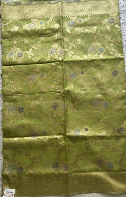 Semi Raw Silk Tissue Saree Light Green Colored Elegantly Paired with a Zari Border. - Sampradaya Designer Studio