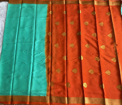 Seafoam Mysore Crepe Silk Saree with Silver Zari Border | Pure Handloom | Silk Mark Certified