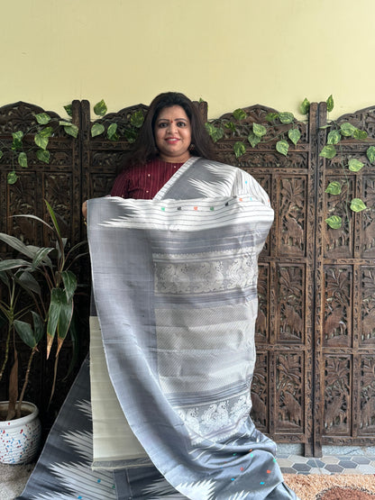 Gadwal Silk Saree Off White Colored Complemented With a Crown Border - Sampradaya Designer Studio