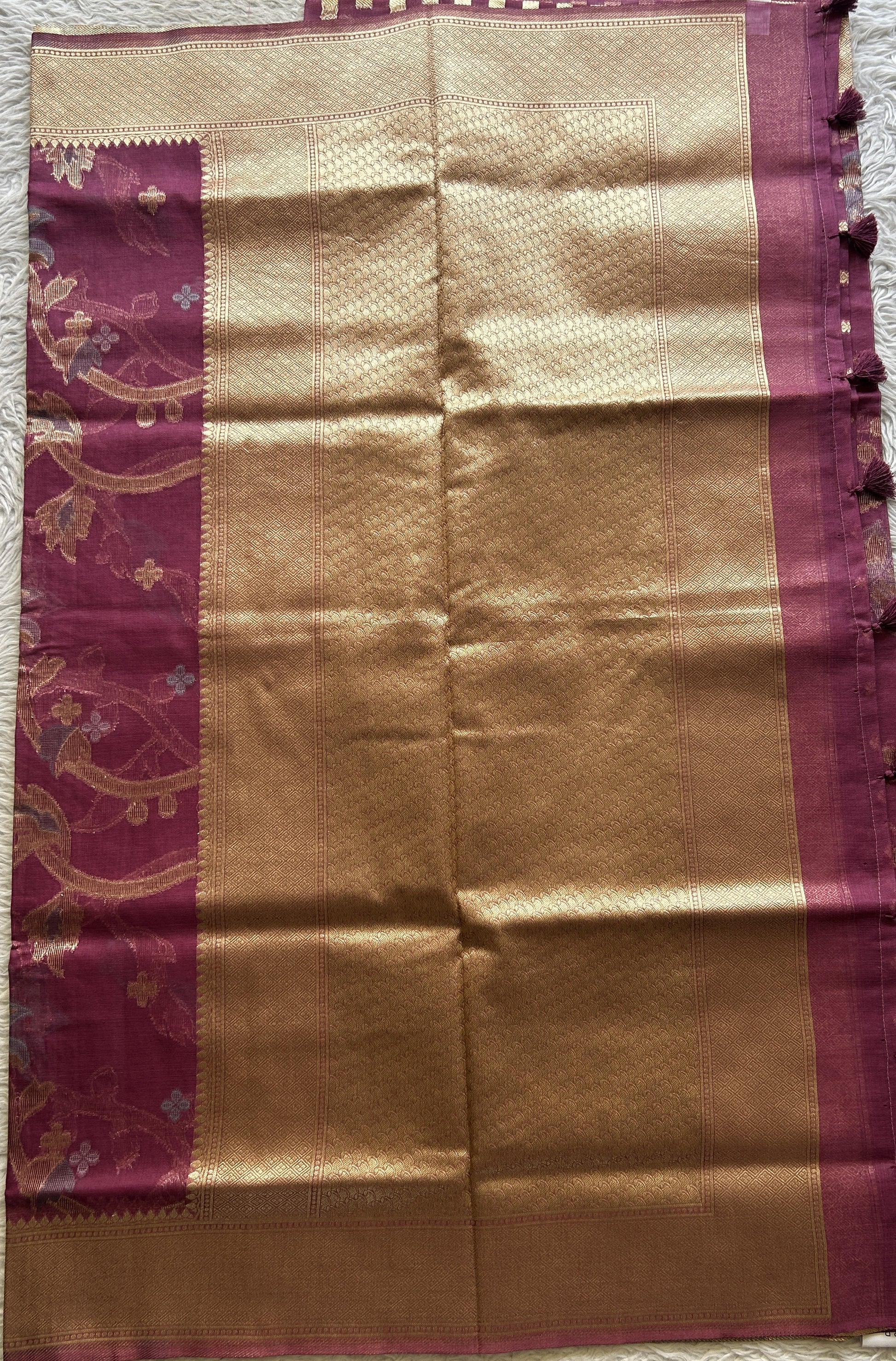 Semi Raw Silk Tissue Saree Magenta Colored Elegantly Paired with a Zari Border. - Sampradaya Designer Studio