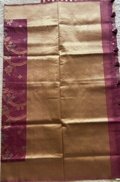 Semi Raw Silk Tissue Saree Magenta Colored Elegantly Paired with a Zari Border. - Sampradaya Designer Studio