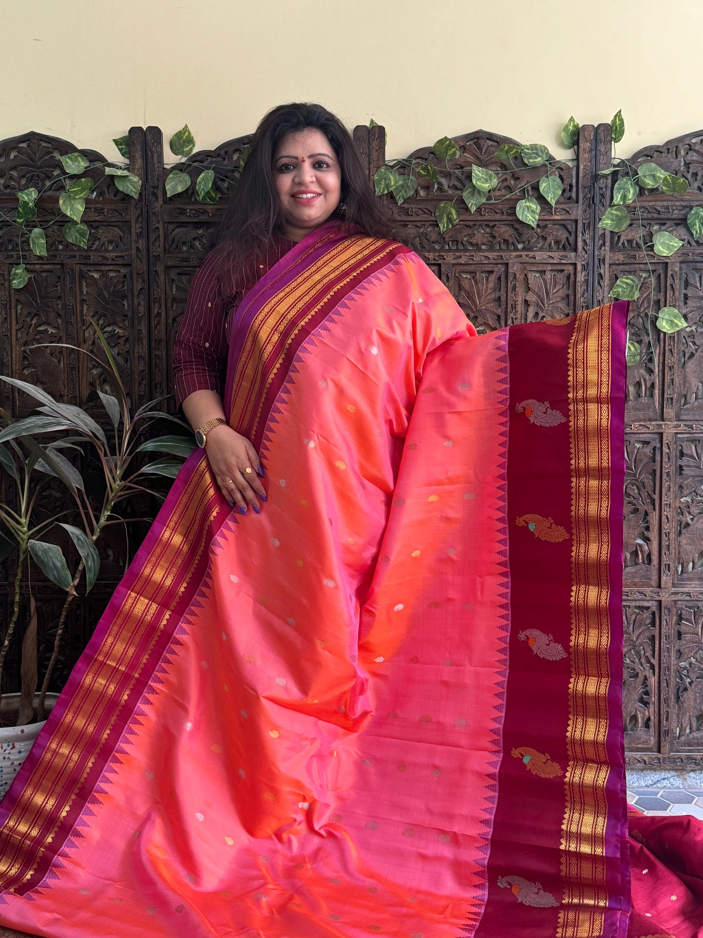 Gadwal Silk Saree Peach Colored Complemented With a Maroon Zari Border - Sampradaya Designer Studio