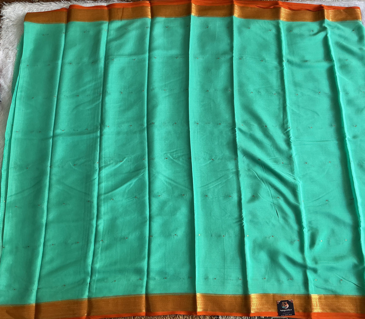 Seafoam Mysore Crepe Silk Saree with Silver Zari Border | Pure Handloom | Silk Mark Certified