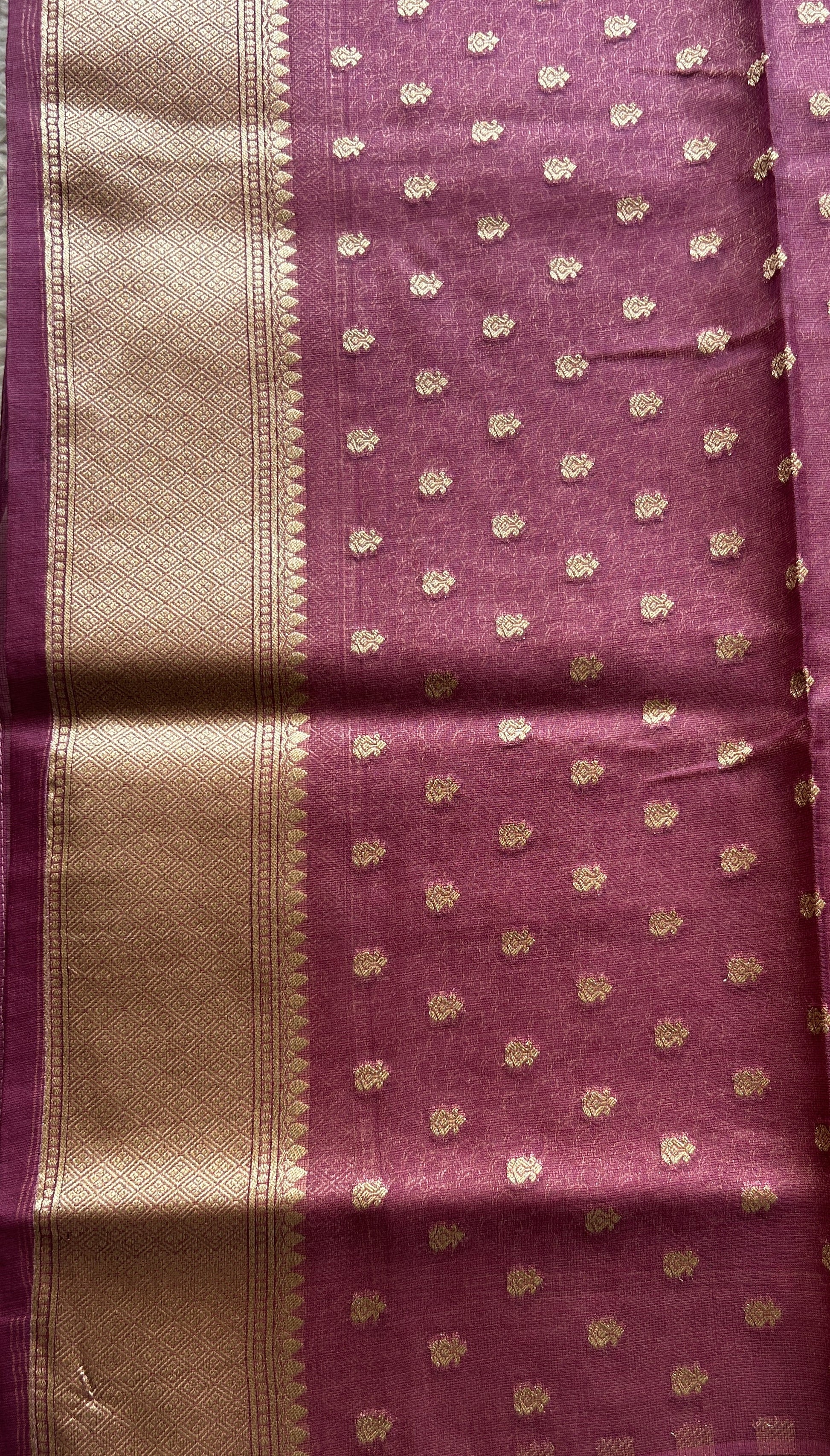 Semi Raw Silk Tissue Saree Magenta Colored Elegantly Paired with a Zari Border. - Sampradaya Designer Studio