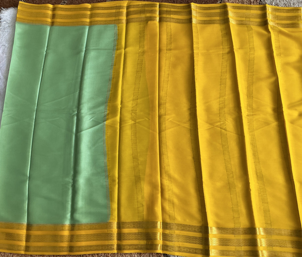 Sea Green Mysore Crepe Silk Saree with Silver Zari Border | Pure Handloom | Silk Mark Certified