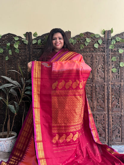 Gadwal Silk Saree Peach Colored Complemented With a Maroon Zari Border - Sampradaya Designer Studio