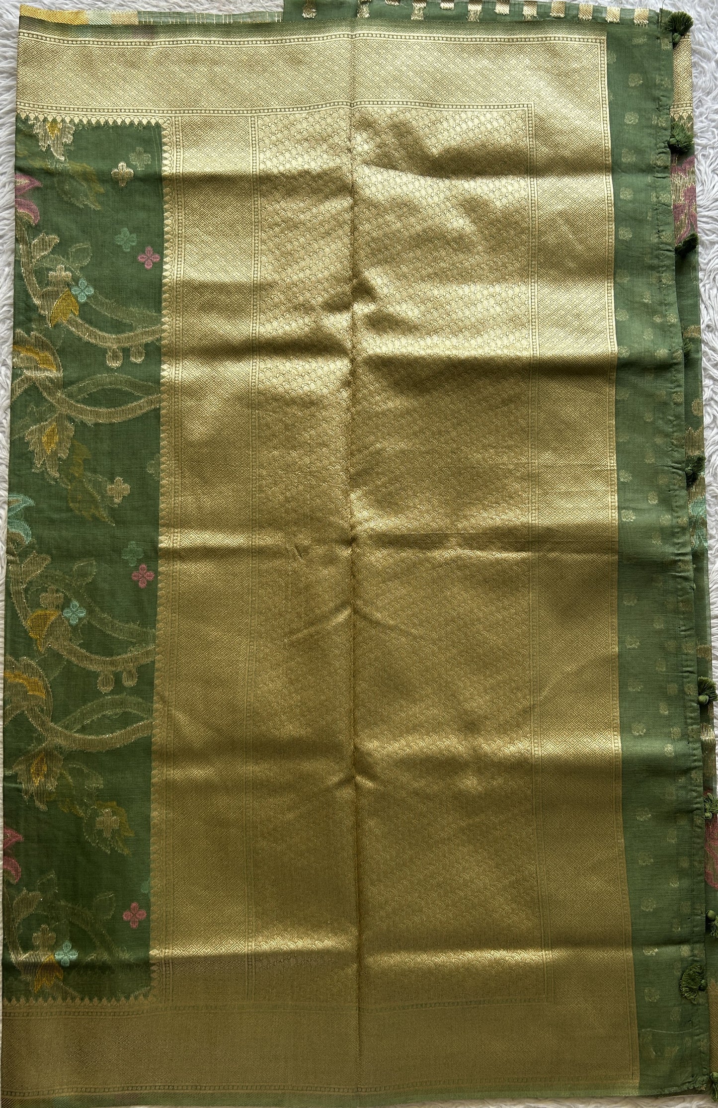 Semi Raw Silk Tissue Saree Olive Green Colored Elegantly Paired with a Zari Border. - Sampradaya Designer Studio