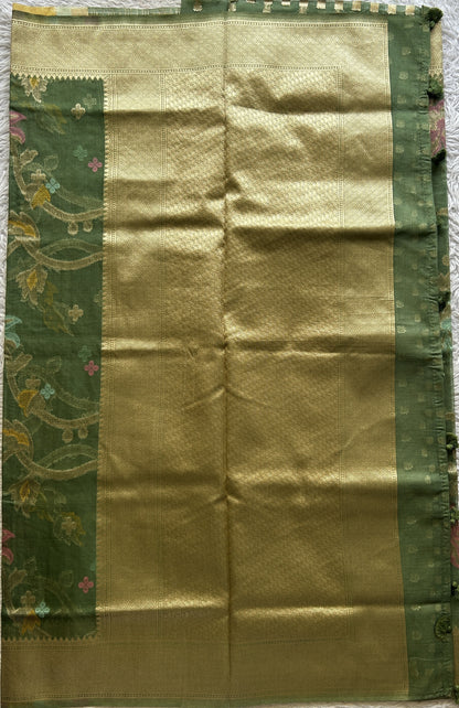 Semi Raw Silk Tissue Saree Olive Green Colored Elegantly Paired with a Zari Border. - Sampradaya Designer Studio