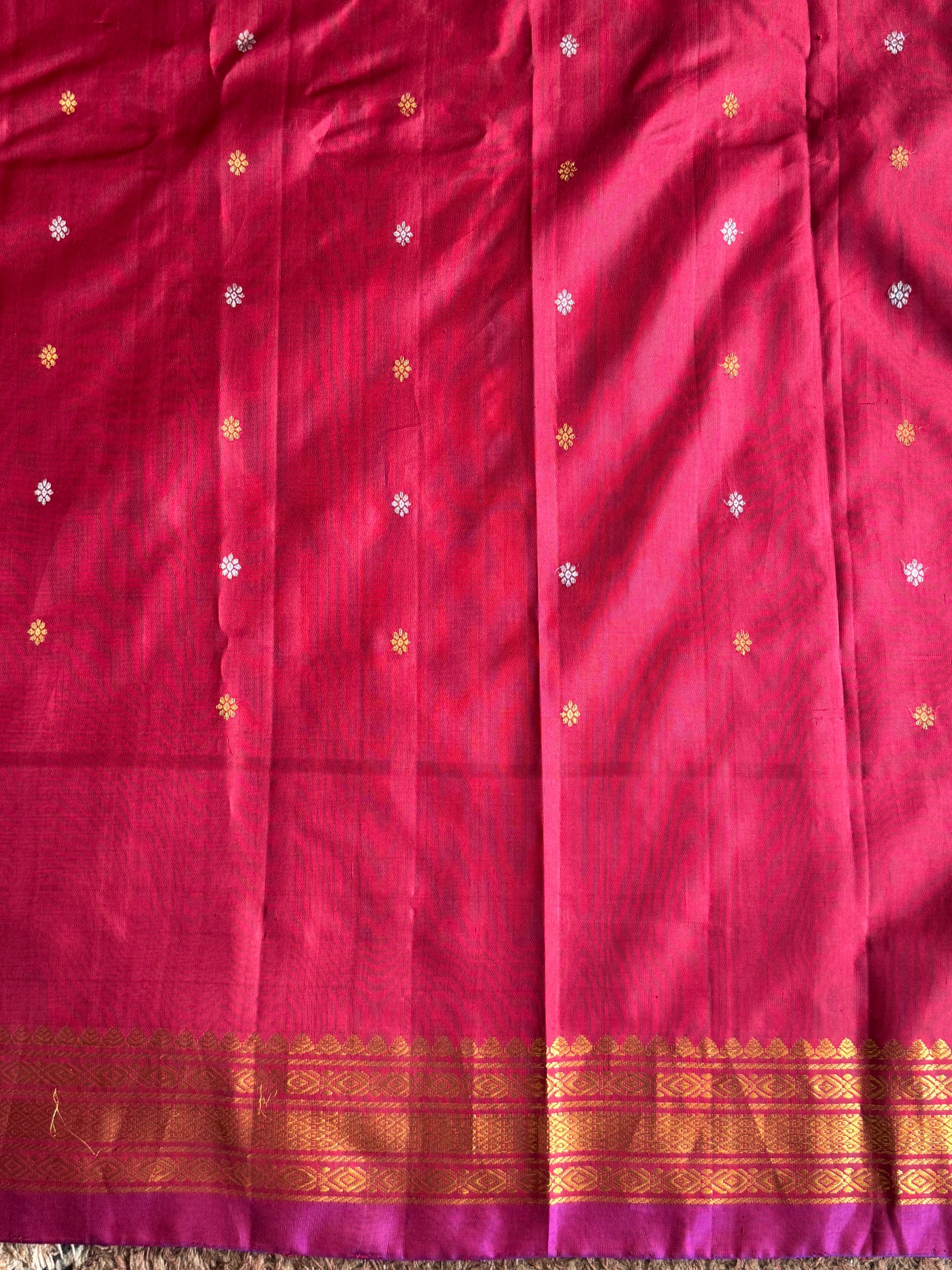 Gadwal Silk Saree Peach Colored Complemented With a Maroon Zari Border - Sampradaya Designer Studio