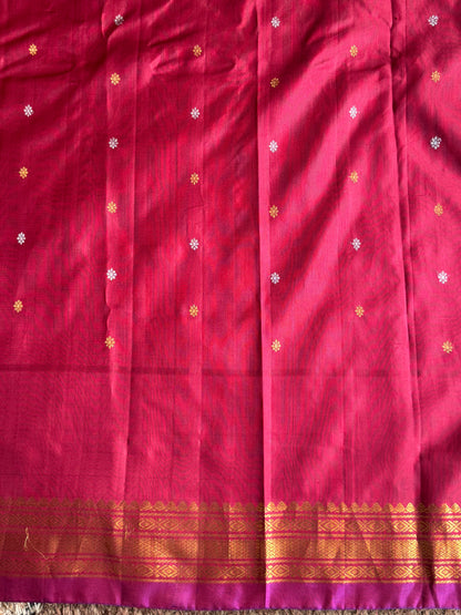 Gadwal Silk Saree Peach Colored Complemented With a Maroon Zari Border - Sampradaya Designer Studio