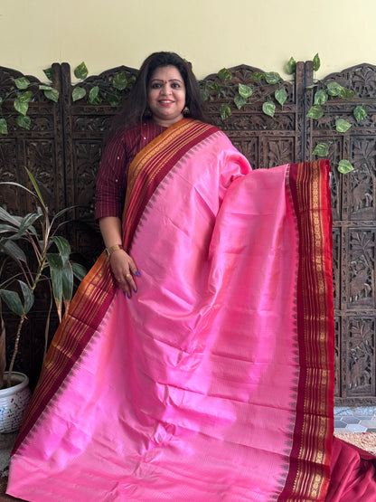 Gadwal Silk Saree Pink Colored Complemented With a Maroon Zari Border - Sampradaya Designer Studio