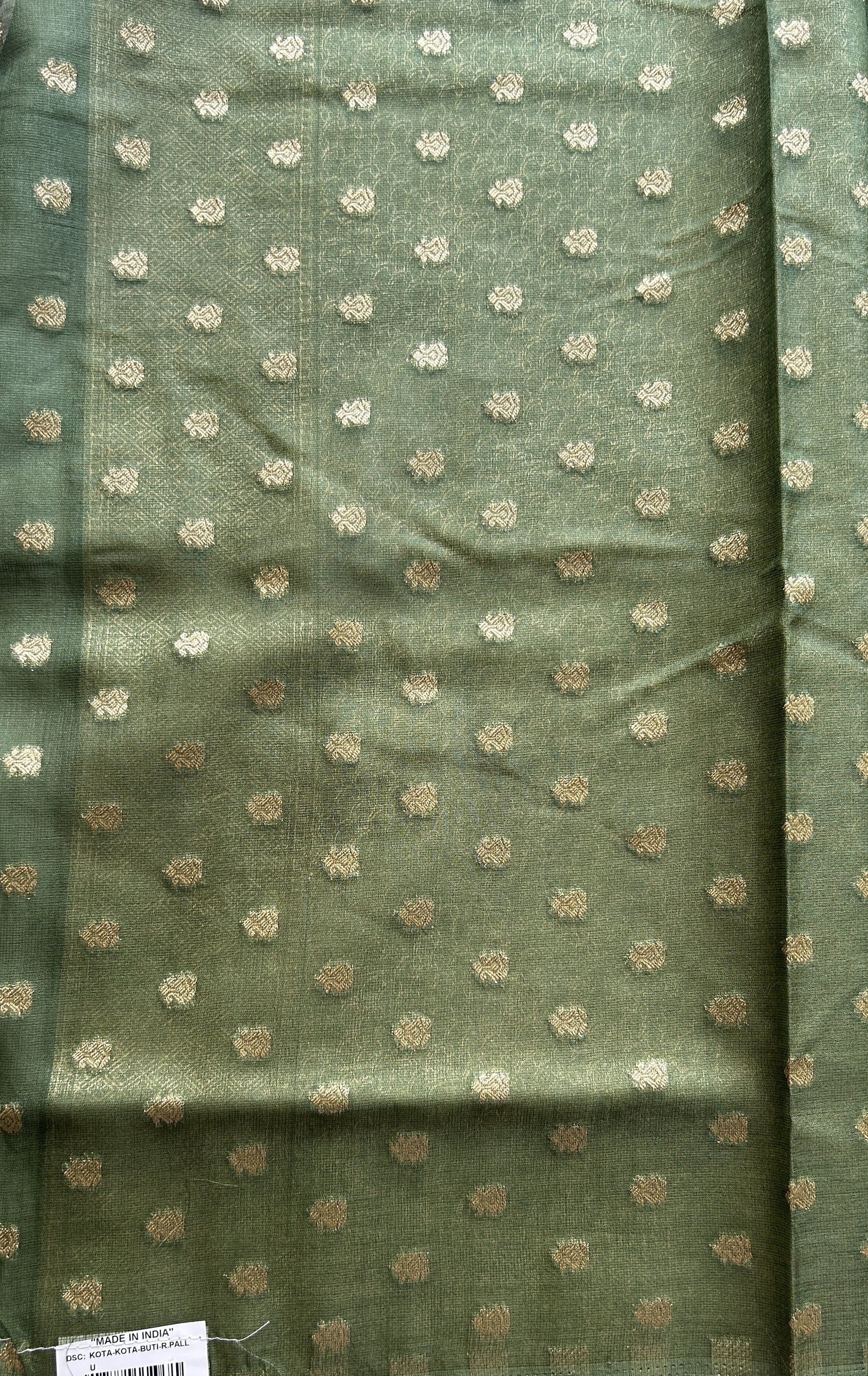 Semi Raw Silk Tissue Saree Olive Green Colored Elegantly Paired with a Zari Border. - Sampradaya Designer Studio